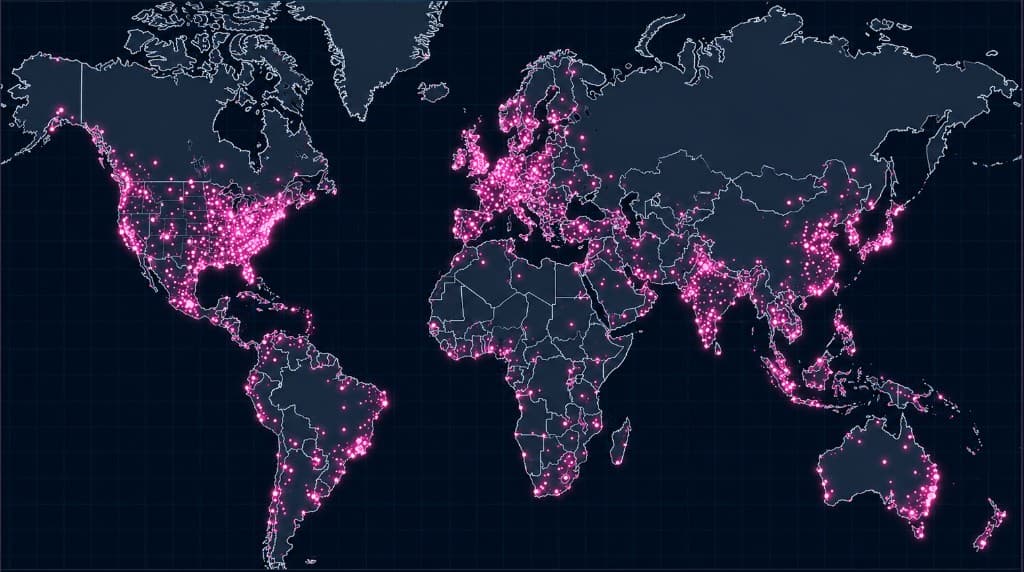 World map illustrating tracked visitor activity as glowing dots across countries
