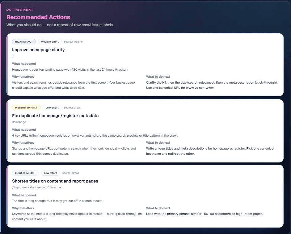 Recommended actions workspace in Commit Happens