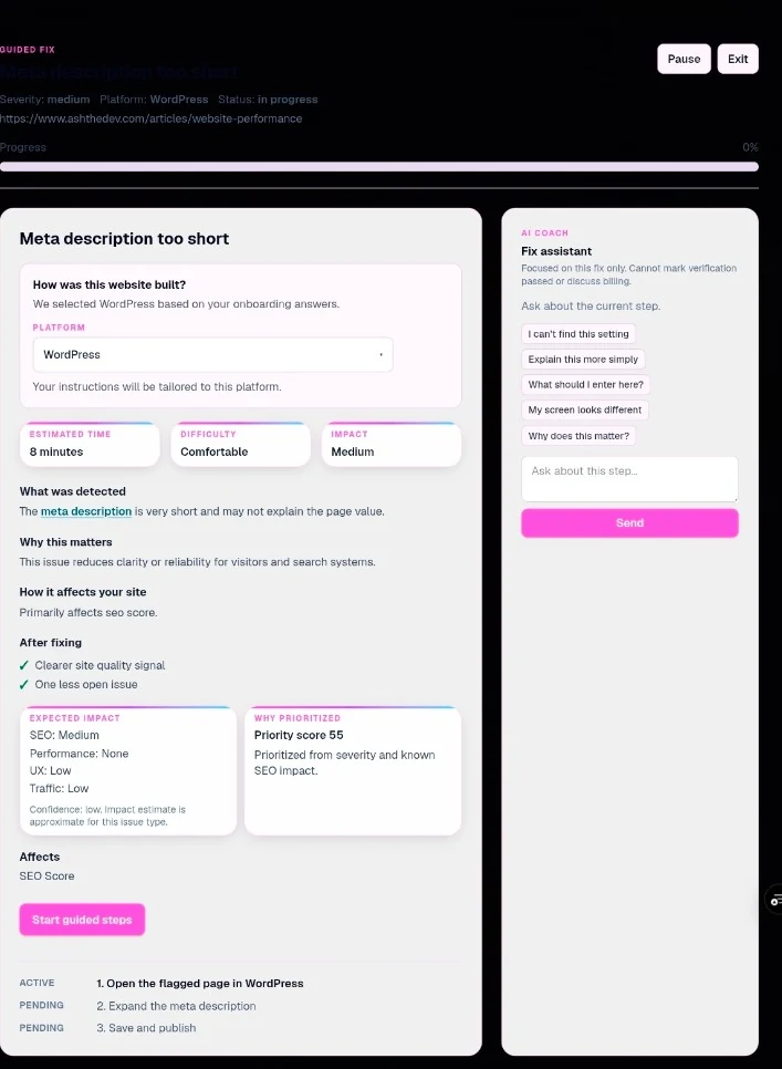 Guided Fix con IA mostrando un problema del sitio web, su impacto y guía paso a paso para tu sitio