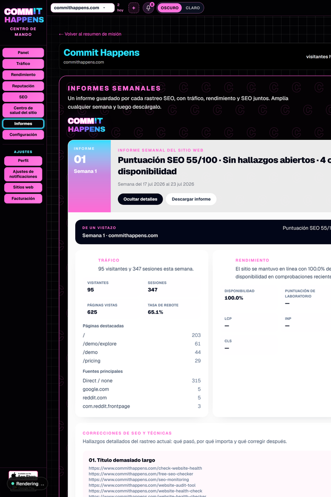 Larger Informe de ejemplo de salud del sitio web con una puntuación y hallazgos priorizados