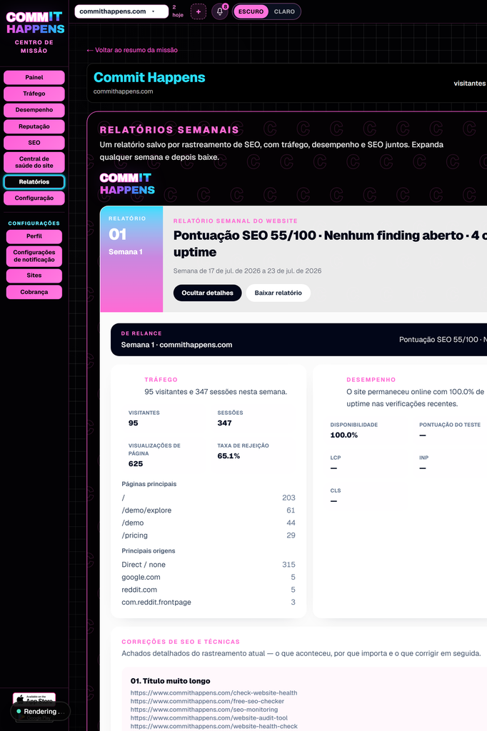 Larger Relatório semanal de monitoramento de site resumindo sinais de saúde e progresso de um site