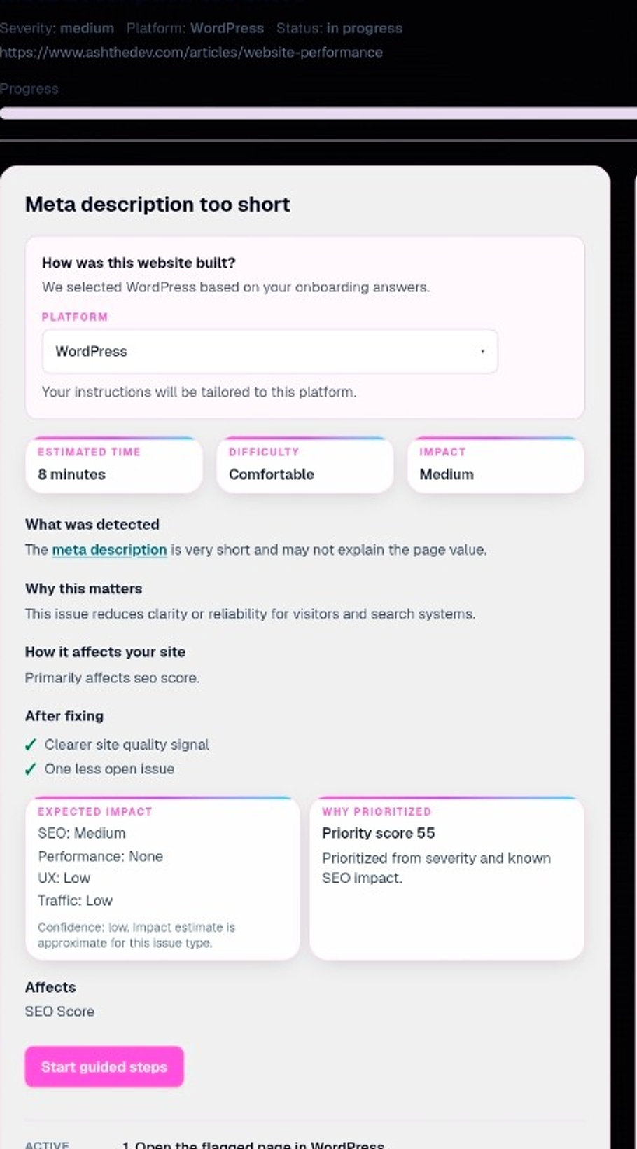 Larger Guided Fix con IA mostrando un problema del sitio web, su impacto y guía paso a paso para tu sitio