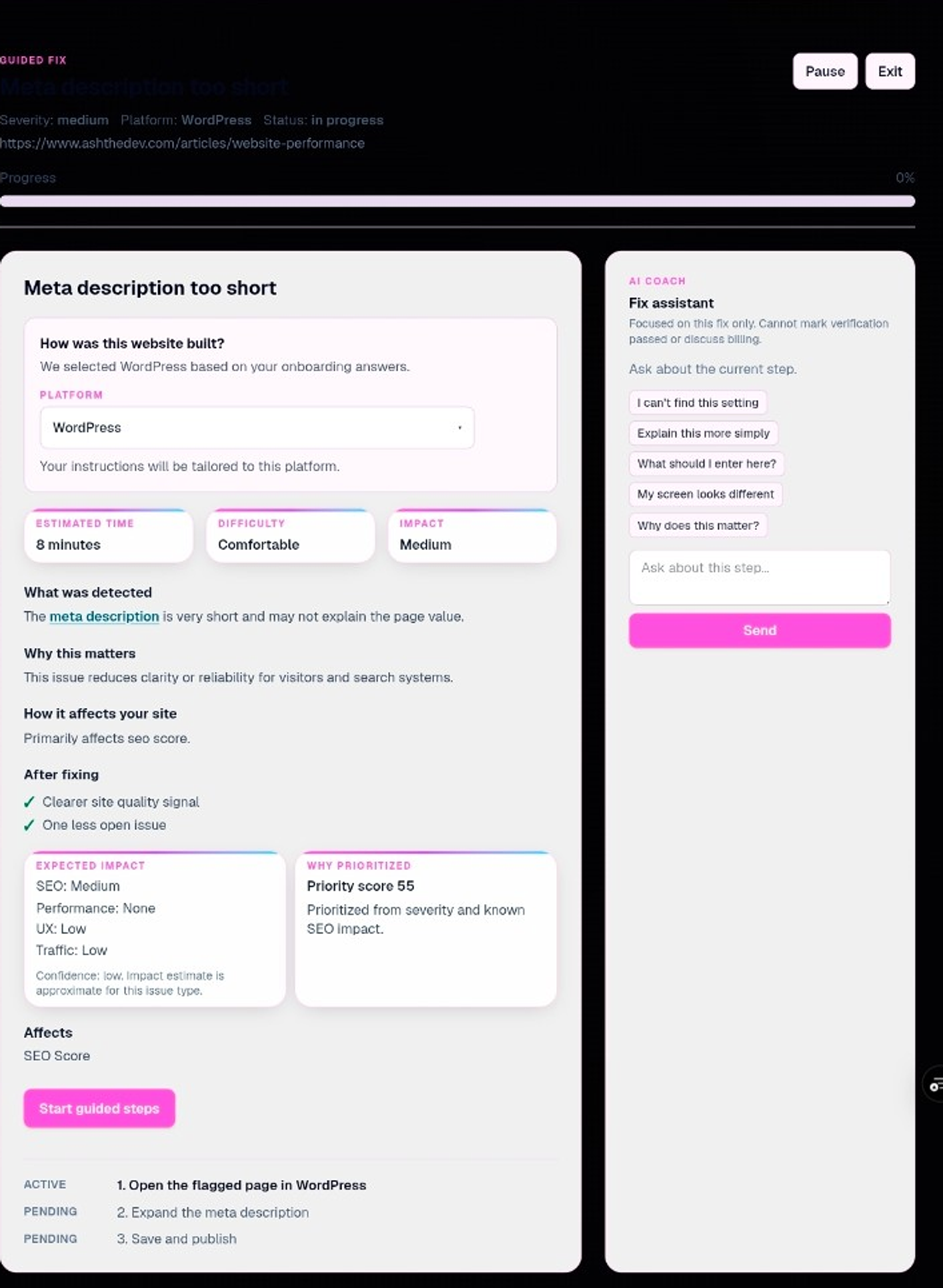Larger Actions recommandées classées par priorité de correction SEO