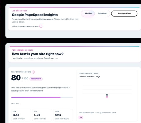 Performance-Dashboard von Commit Happens mit PageSpeed-Wert und Lab-Metriken