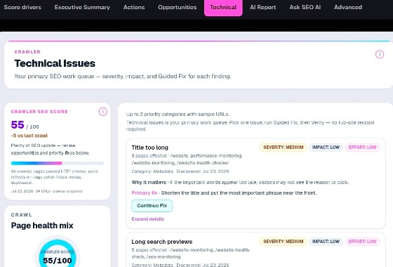 Technisches Dashboard von Commit Happens mit Crawler-Score und priorisierten Befunden